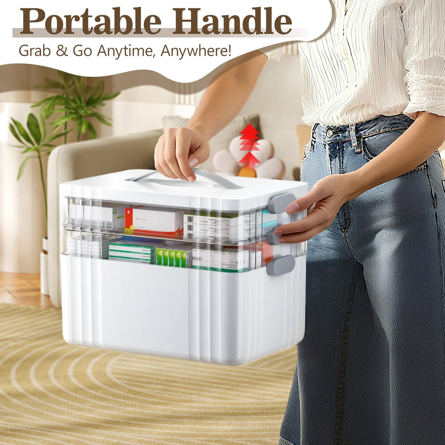 ARSTPEOE 3-Tier Medicine Organizer - Portable Medicine Cabinet with Plastic Handle, Multipurpose Medical Box, Pill Organizer, Empty First Aid Kit for Home
