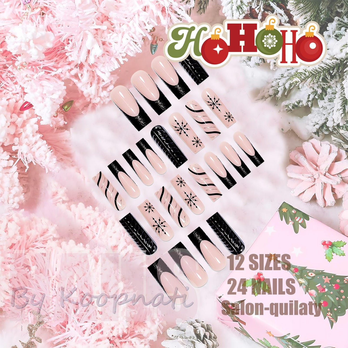 Christmas Press On Nails Medium Square Black French Tips Nails with Glue Winter Snowflake Design,Christmas Nails Long False for Women Holiday Xmas Gifts