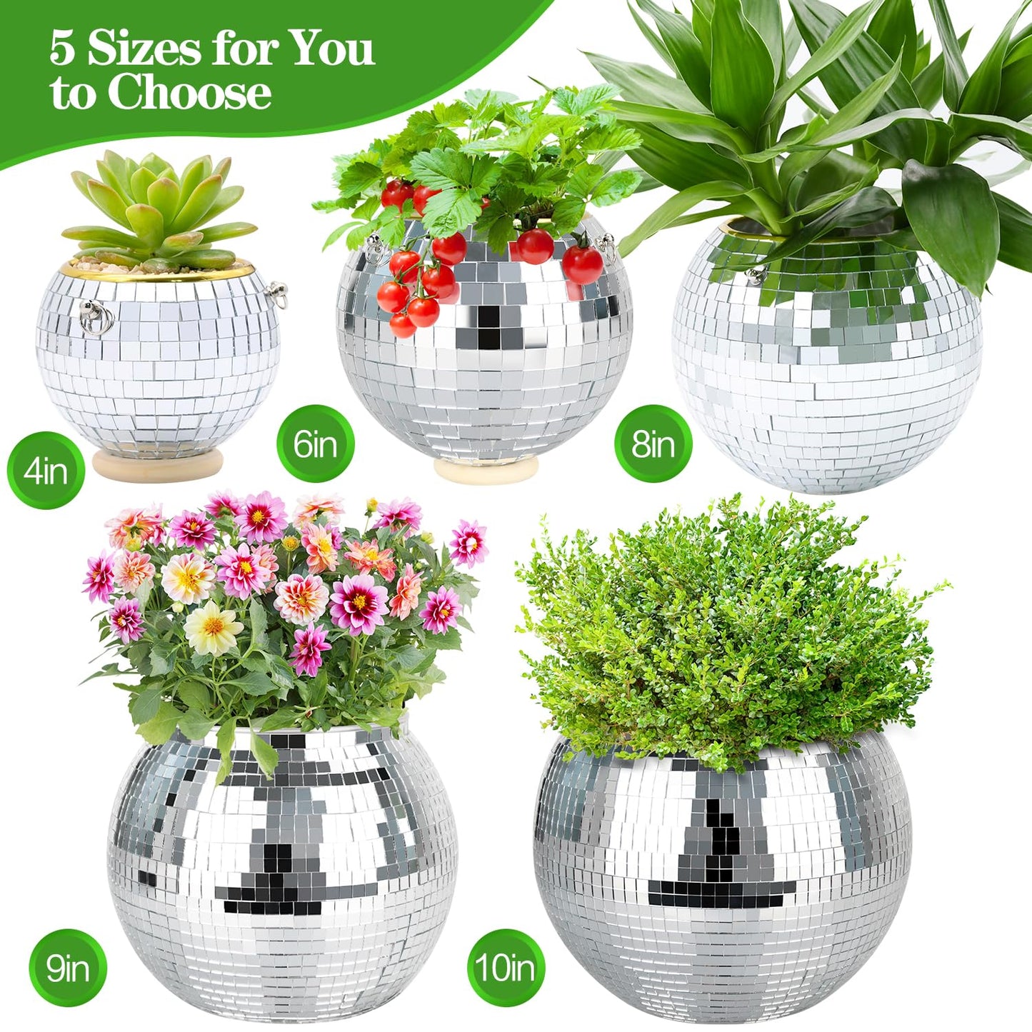 FGBNM Disco Ball Planter, 1pcs 9” Silver Disco Ball Planter, Disco Ball Plant Hanger with Hanging Rope, Hanging Chain, Hook, Circle and Extra Mirror Pieces