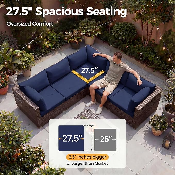 NICESOUL 10 Piece Outdoor Couch Set with Fire Pit Natural Gas/Propane, 29.3'' High Backrest Comfy Sectional Patio Furniture, Large Wide Seating Sofa for Outside, Brown Rattan and Navy Blue Cushion