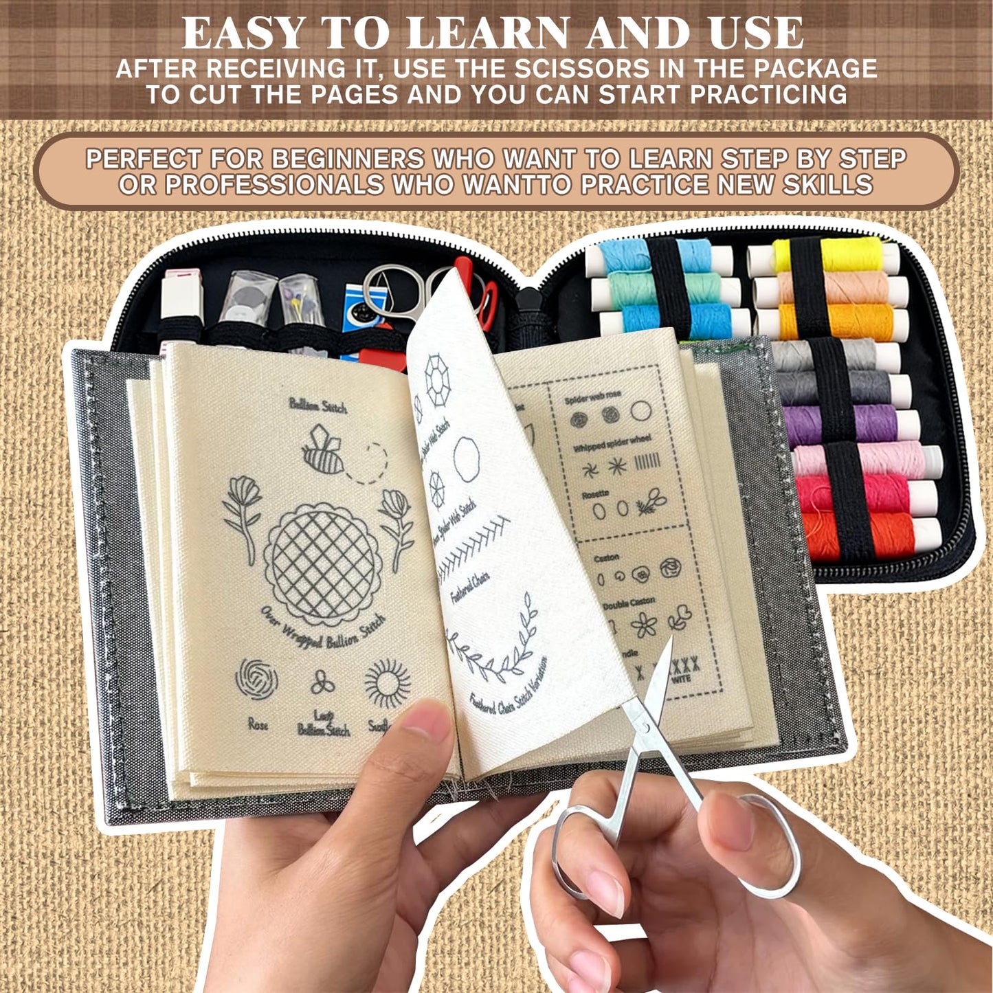 Pacify Embroidery Stitch Book Kit for Beginners, Portable Embroidery Stitch Book with Step-by-Step Guide, Sampler Patterns & Complete Tool Set for Adults Craft Lovers
