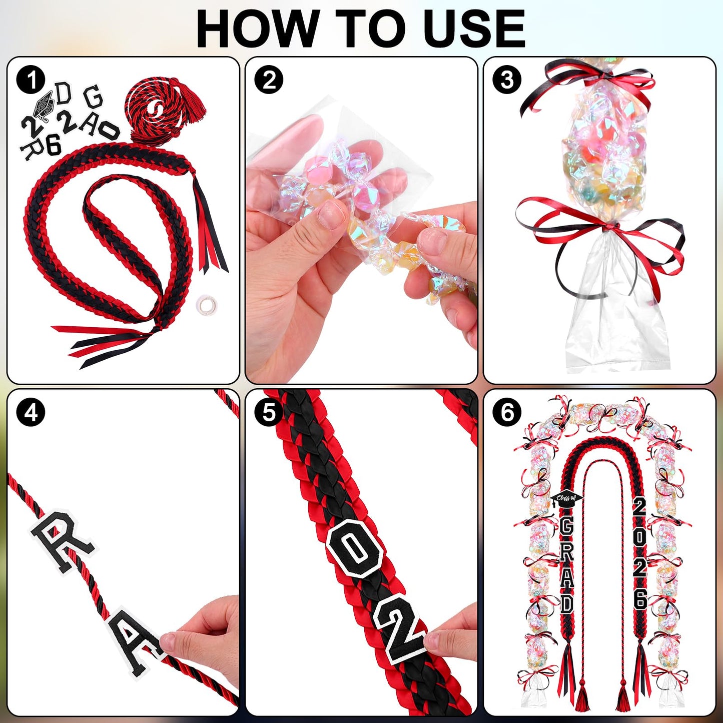Eshylala Graduation Ribbon Lei Class of 2026 Graduation Leis Kit Grad Handmade Double Braided Necklace Honor Cord with Tassel and Number Patch Set for Graduation Party School Gift (Red)