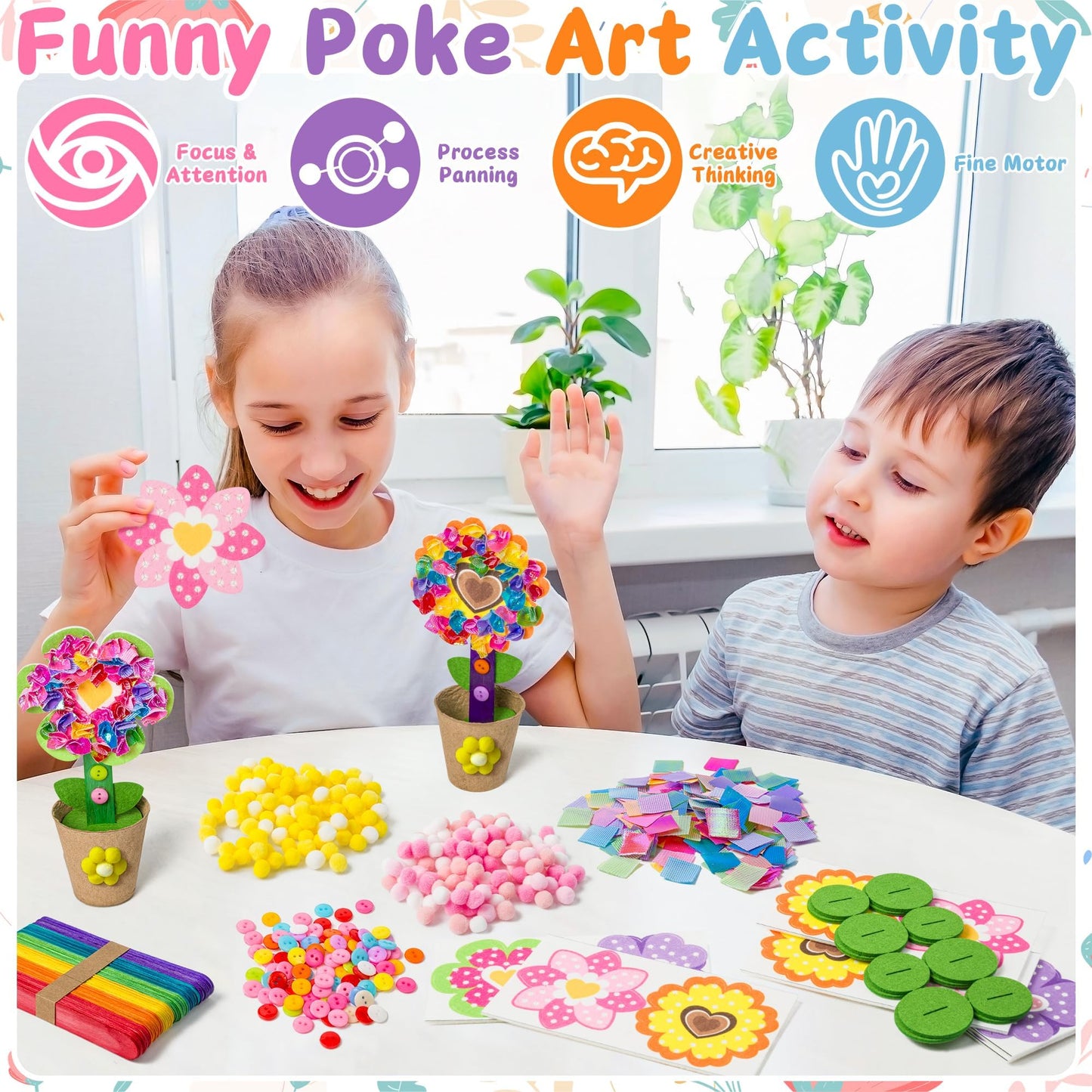 FoszaSzept Poking Felt Flowers Craft Kits - DIY Back to School Felt Standing Flowers Gift with Flower Pot and Fabric Squares, Springtime Creative Activity Home School Fun Activities for Kids (24 Pack)