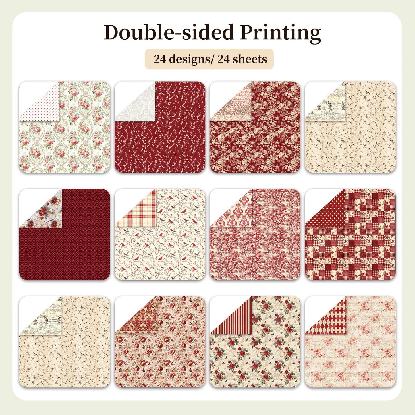 24 Sheets/24 Designs Scrapbook Paper Double Sided Boho Floral decorative craft Pattern Paper for DIY Cards, Junk Journaling, Scrapbooking Supplies and Photo Album Decor (Red-2076, 12x12 Inch)