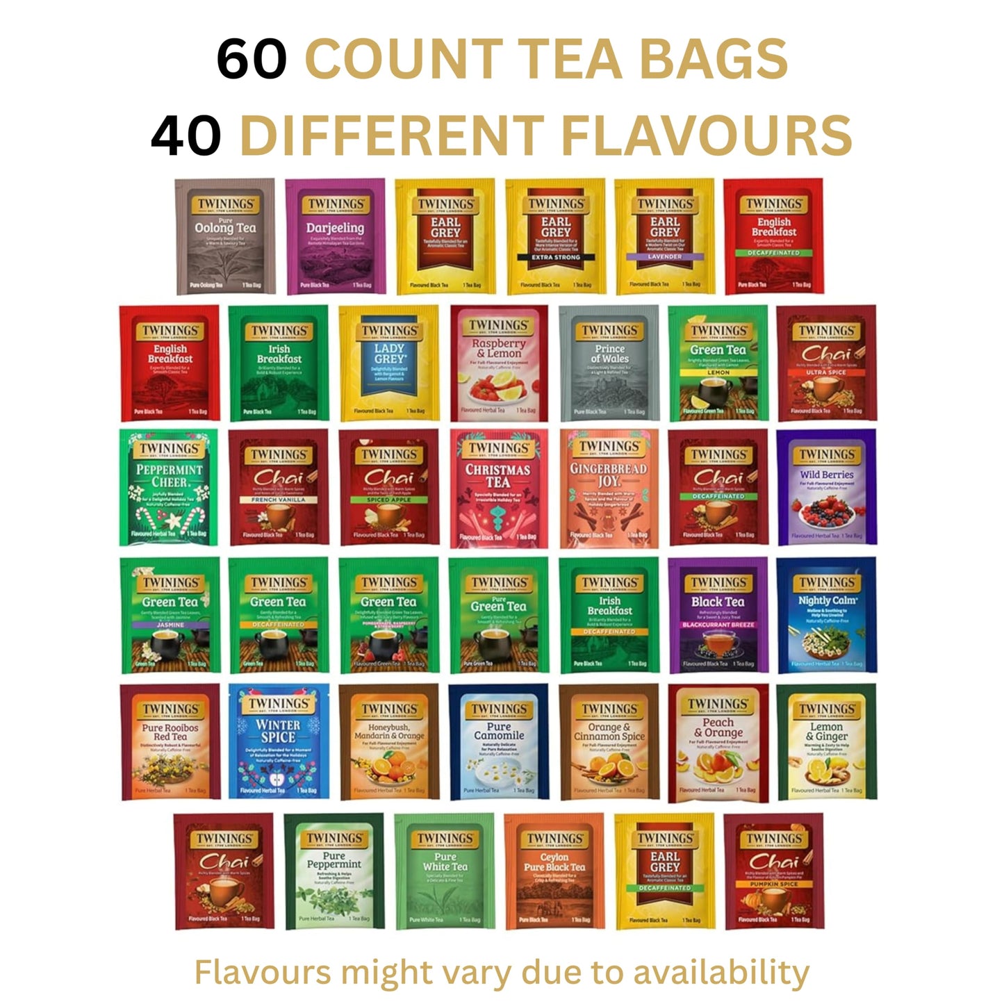Twinings Tea Bag Sampler Variety with Walnut Wooden Organizer (60 Count) 40 Different Flavours, Gift for Tea Lovers: Women, Men, Mom, Dad, Family, Friends, Couples