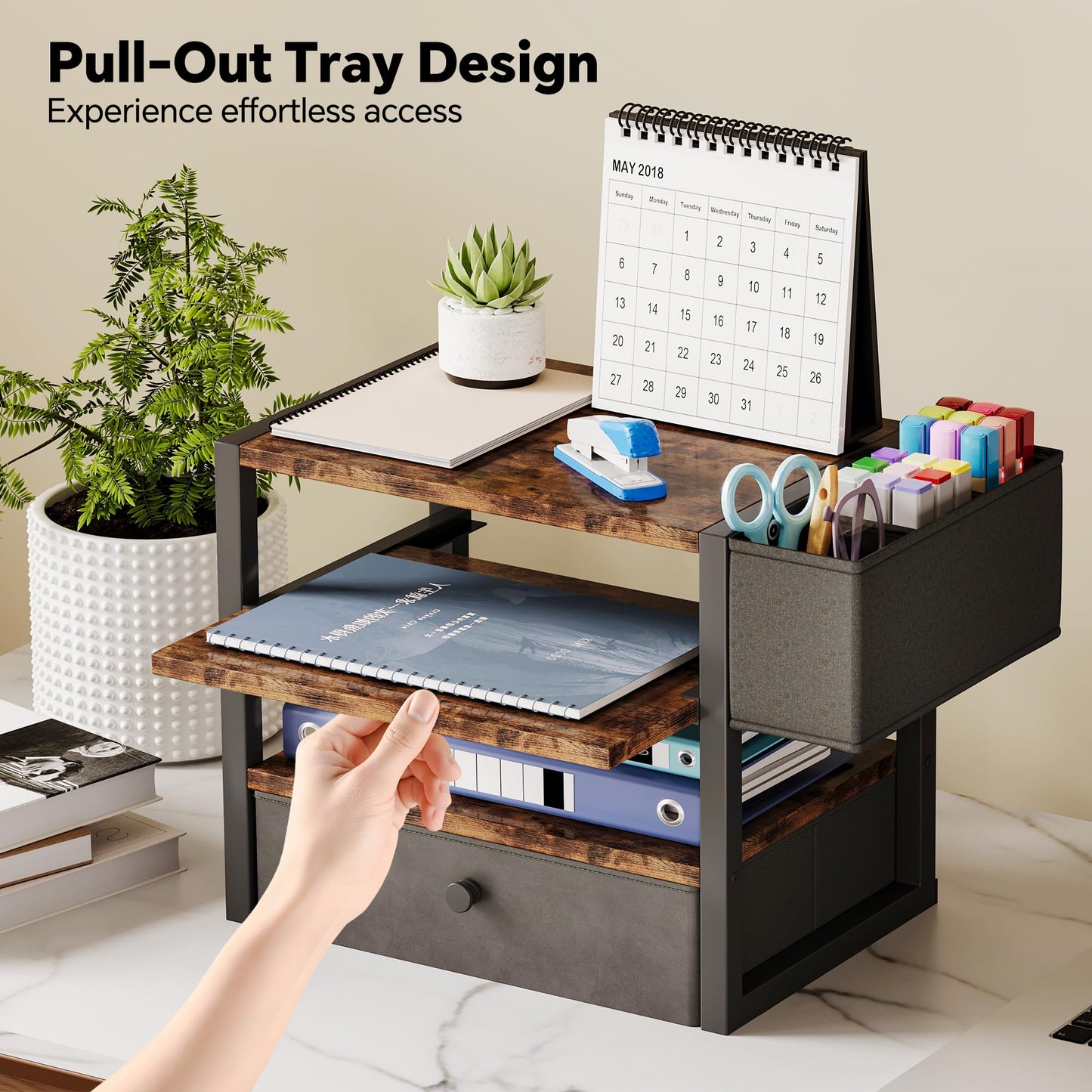 Desk Organizers and Accessories, 4-Tier Paper Letter Tray File Organizer with Fabric Drawer & 3 Pen Holder, Office Desk Accessories Workspace Desktop Organizer for Office Supplies, Rustic Brown