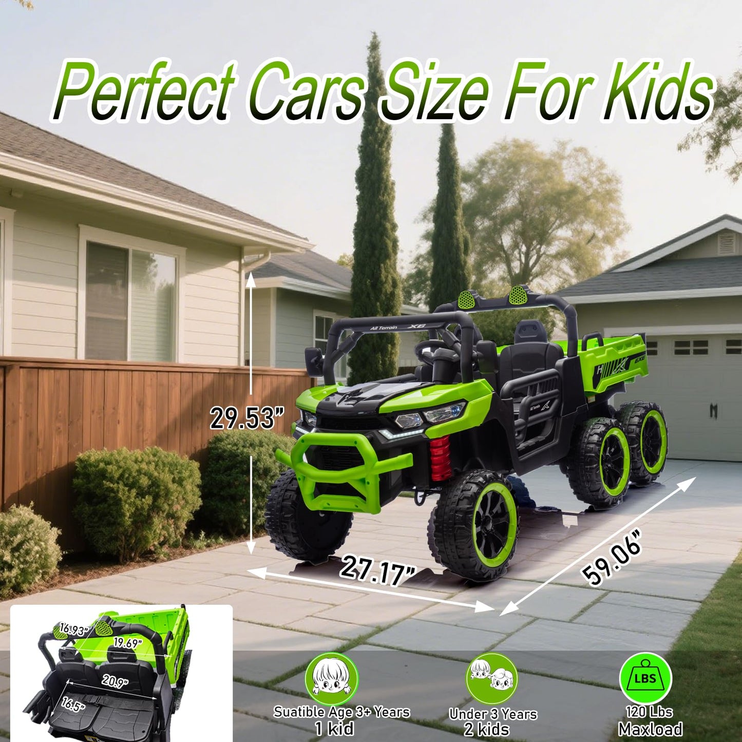 AOKOY 24V Side by Side 6 Wheel Ride On Dump Truck, 4WD Battery Powered Electric Car for Boys and Girls Outdoors with Remote Control, Bluetooth, Green