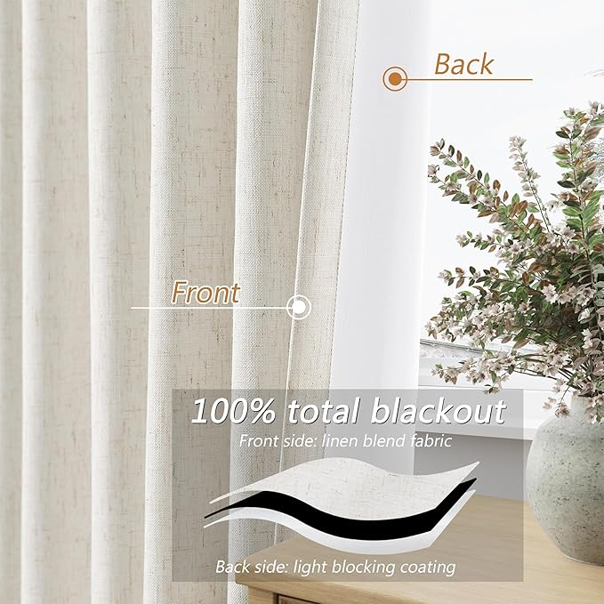 Beige White 100% Blackout Linen Curtains 96 Inch Length 2 Panels Set for Living Room Bedroom Back Tab Thermal Insulated Black Out Drapes Room Darkening Farmhouse Style for Bedroom Window Curtains