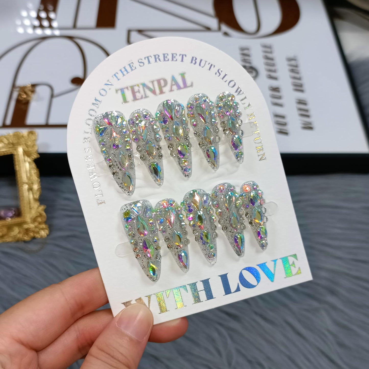 TENPAL 10Pcs Luxury Press On Nails Long Stiletto,Full Cover Crystal Glitter Fake Nail Set with Tools,Reusable Bride Wedding Nails for Bridal Party Bachelorette,Statement Making Glamorous Nail(L)