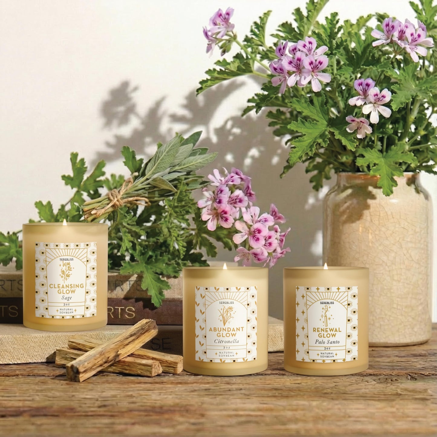 Serebliss Candle Set - 3 Pack Soy Wax Aromatherapy Scented Candles for Energy Cleansing, Manifestation, Palo Santo, Sage, Citronella, Long Lasting, Gift for Women, for her, Smudge Kit