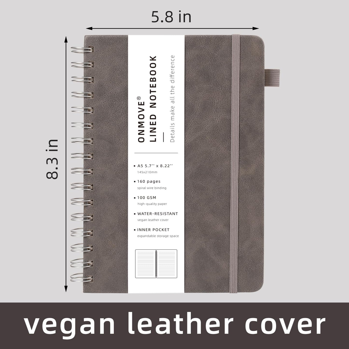 OnMove Spiral Notebooks Journal for Women Men 12 Pack Bulk Leather Hardcover with Pen Holder A5 160 Pages 100 GSM Thick Paper for Work School Lined Gray