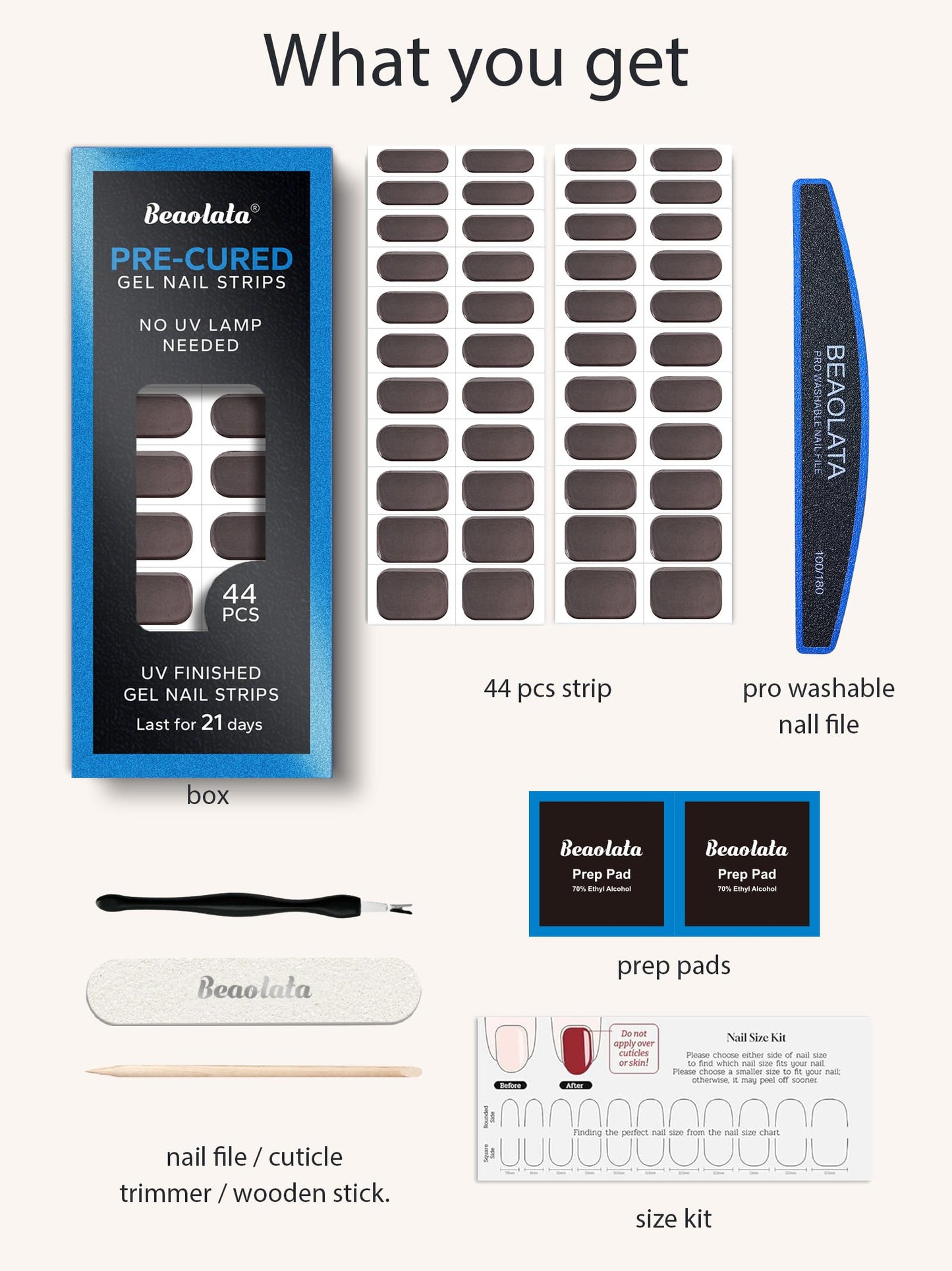 Beaolata Real Gel Nail Strips (No UV Light Needed) - 44Pcs Salon Quality Nail Stickers - Long Lasting Polish Wraps for Women, Easy Apply & Remove (Chrome Cocoa Brown)
