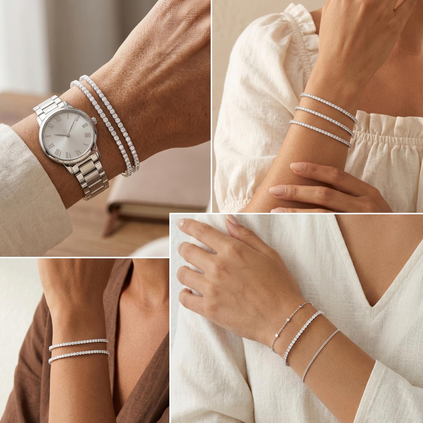 Dainty 2mm Silver Tennis Bracelet Set for Women, Sterling Silver Plated Triple Stackable Zirconia Bracelets, Minimalist Professional Jewelry for Business Casual Office Wear, 3-Piece Sparkle Wrist Set