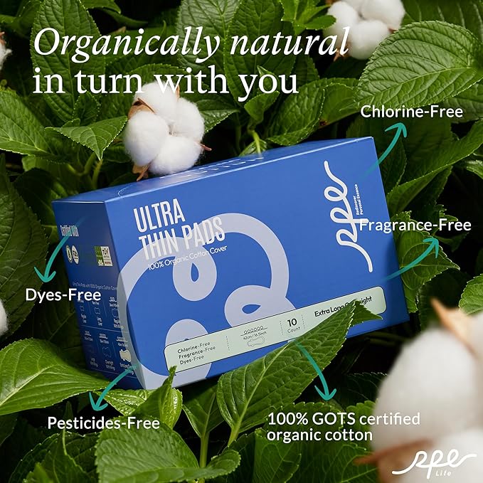 100% Organic Super Long Overnight Pads With Wings, Heavy Sanitary Napkins for Women Ultimate Absorbency, Ultra Thin Cotton Period Menstrual Pads (Extra Long, Size 6, 30ct)