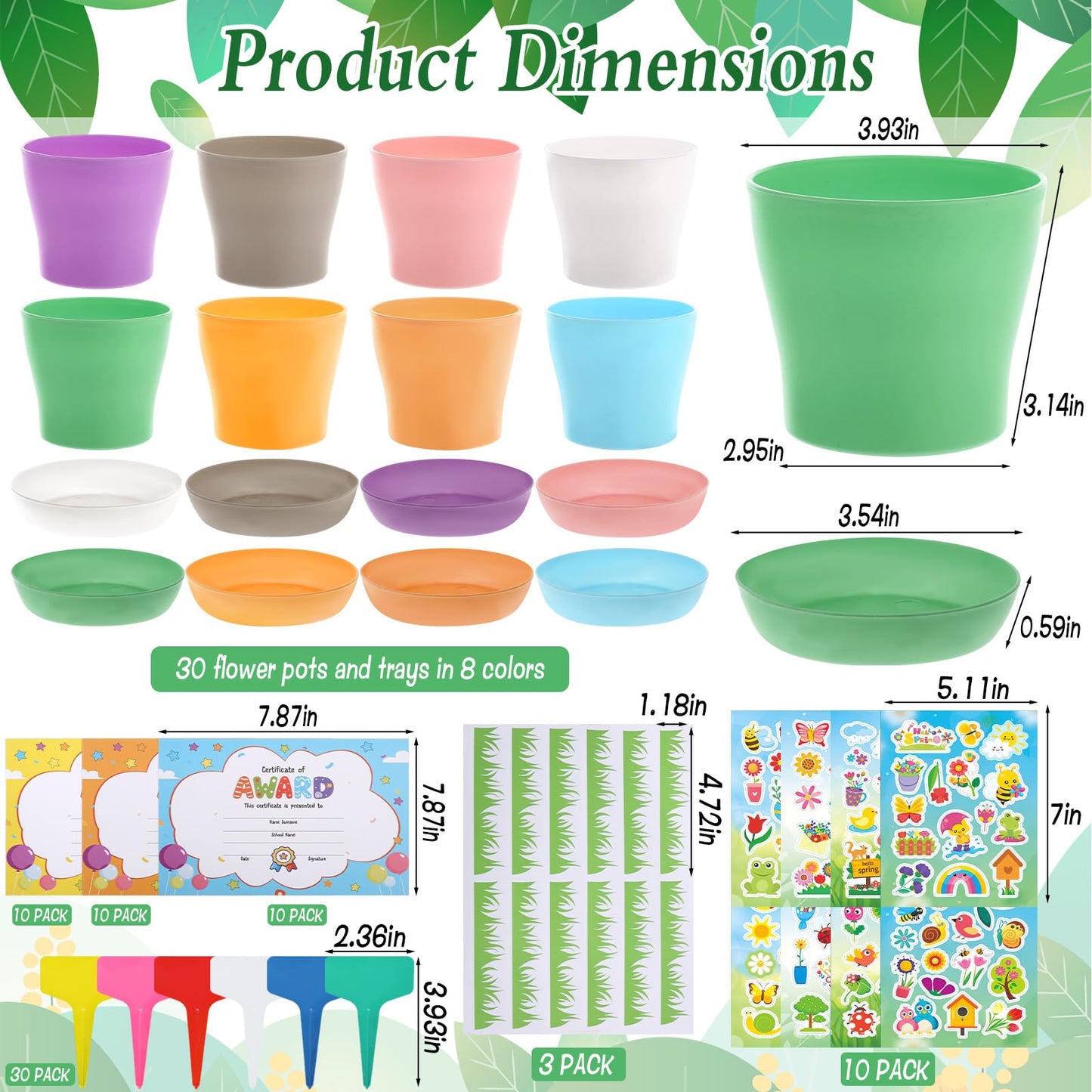 Wenceda 30 Pack Garden Pot Craft Kit, DIY Spring Pot Plastic Planter with Tray, Include Plant Tag/Certificate of Award/Spring Sticker, Flower Plant Craft for Classroom Home Party DIY Flower Planting
