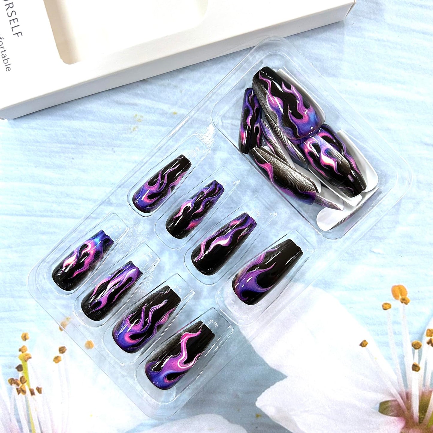 CJDLTS Purple Flame Press on Nails Medium Ballet Shaped Black Acrylic False Nail Full Cover Glossy Artificial Stick on Nail Ballet Press Ons Artificial Fingernails Reusable Glue on Nails for Women
