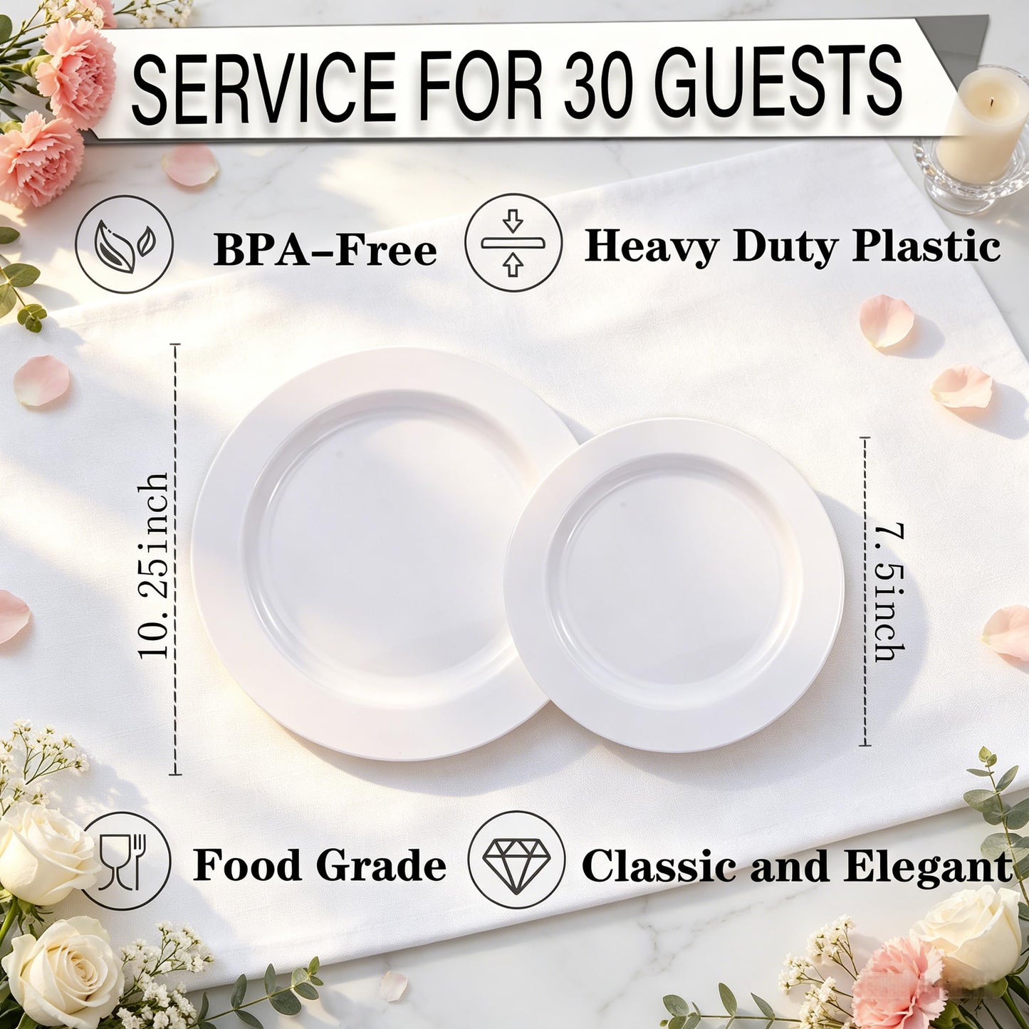 FLOWERCAT 60PCS White Plastic Plates - Heavy Duty White Disposable Plates for Mother's Day/Birthday Party/Wedding -serve for 30 guests Include 30PCS 10.25" & 30PCS 7.5" Plates for Party