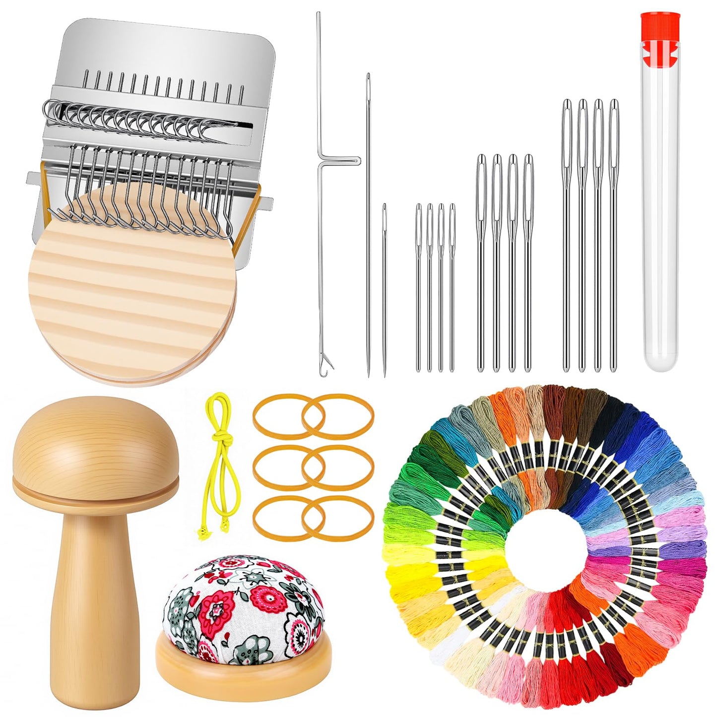 Meetory Knit Patch - Mushroom Mini Darning Loom, Knitpatch Kit with 14 Hooks Small Weaving Loom 14 Pcs Large Eye Needles 50 Color Threads for Handcraft DIY Weaving Repair Tool for Mending Jeans Socks