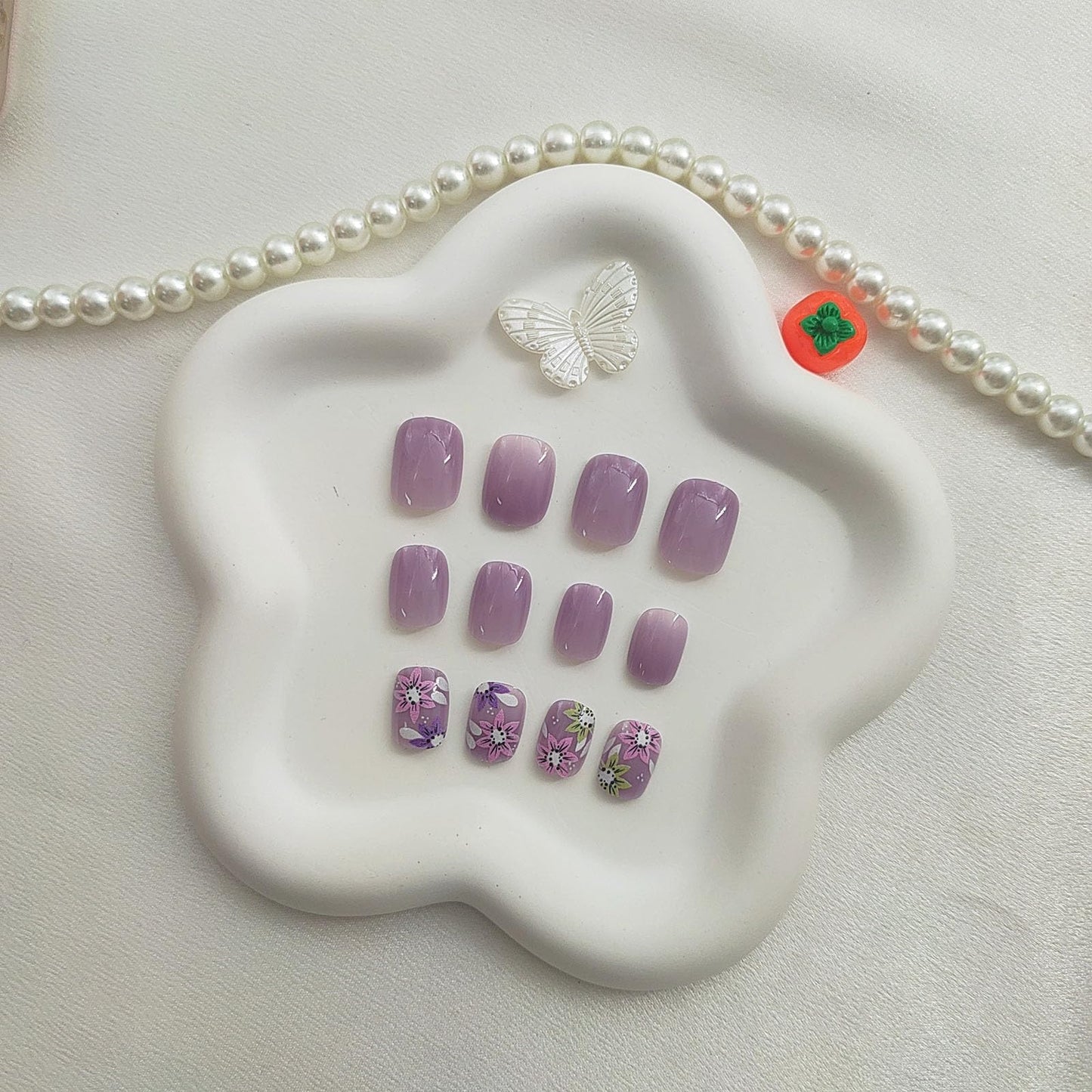 Short Press On Square Fake Nails with Flower Designs Acrylic Press Ons Glossy Glue Ons Spring False Purple Full Cover Artificial Stick Ons for Women 24Pcs