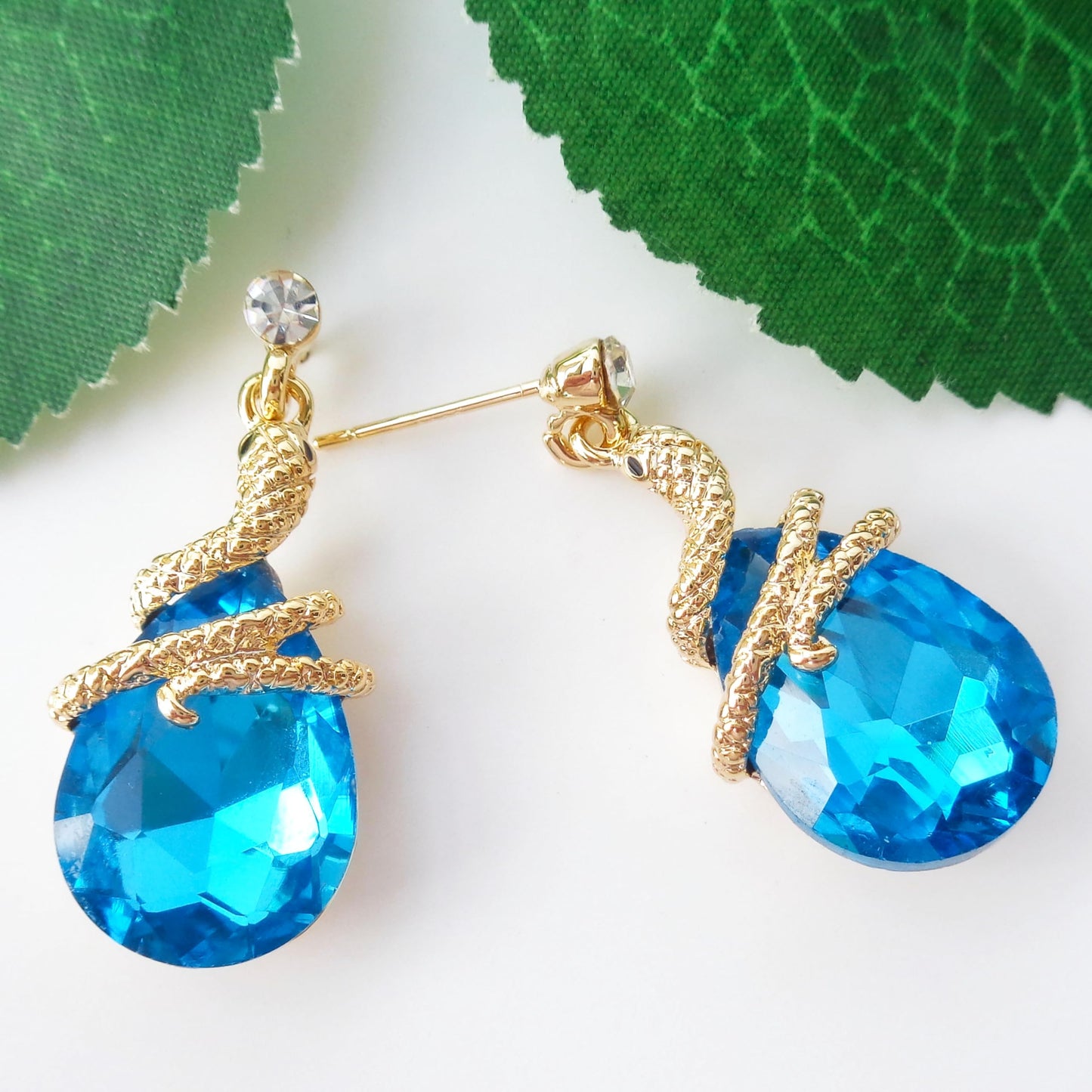 Navachi 18k Gold Plated Crystal Lake Blue Zircon Snake Drop Dangle Earrings