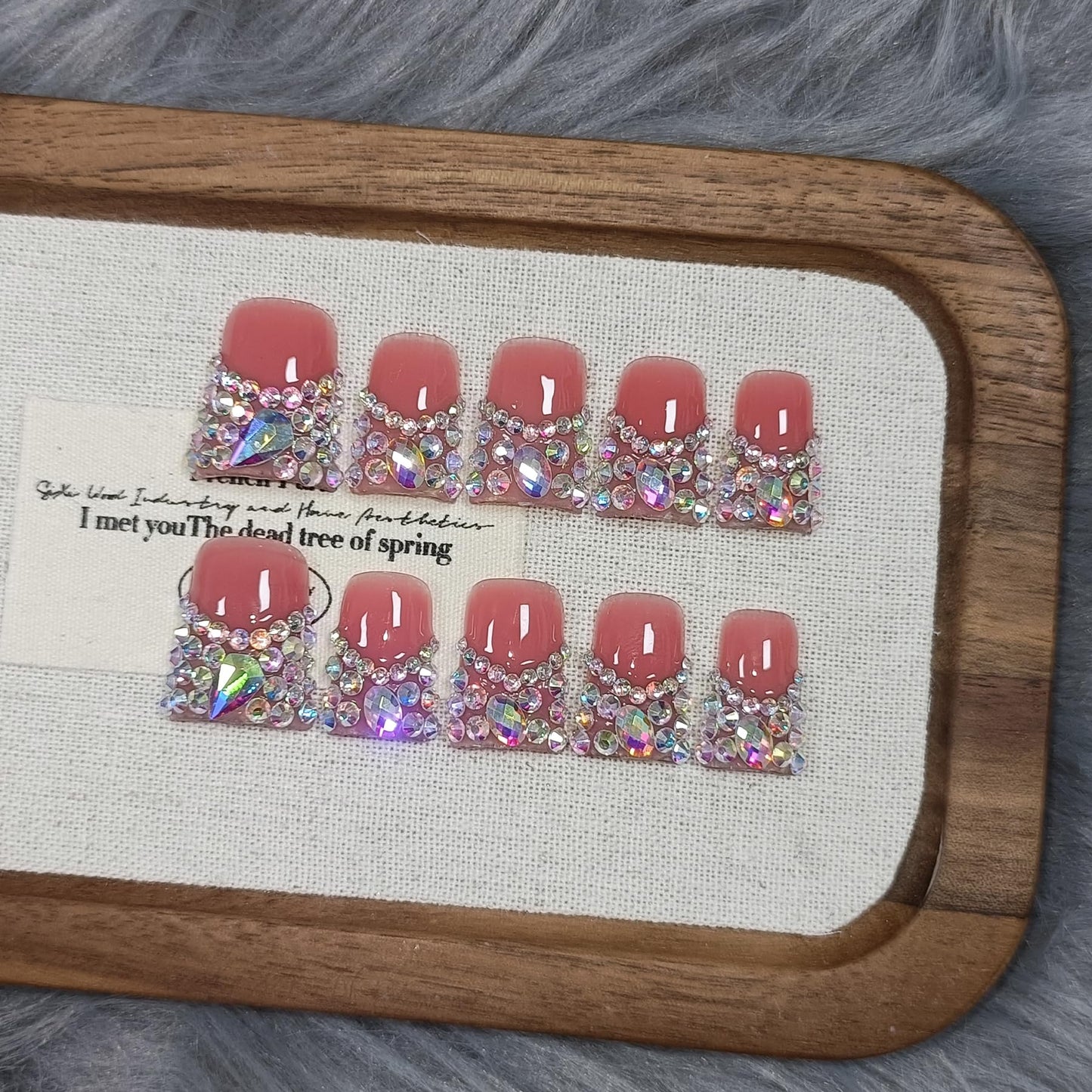 TENPAL 10Pcs Handmade Coffin Nails Kits,DuckBill Press On Nails With Tools,Icy Pink French Tip Fake Nails with Full Crystals Designs,Glitter Edgy Sweet Cool Acrylic Glue on Nails Short for Party(M)