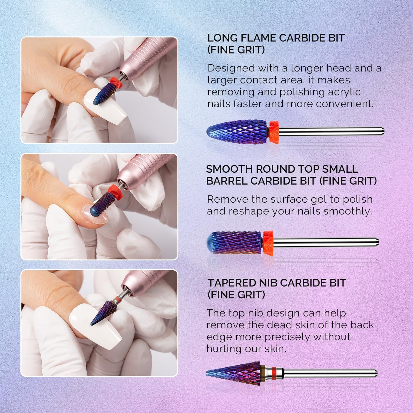 MelodySusie 100Pcs Soft Nail Sponges for Ombre with 3Pcs Nail Drill Bits Set, Long Flame, Smooth Round Top Small Barrel and Tapered Nib Bits