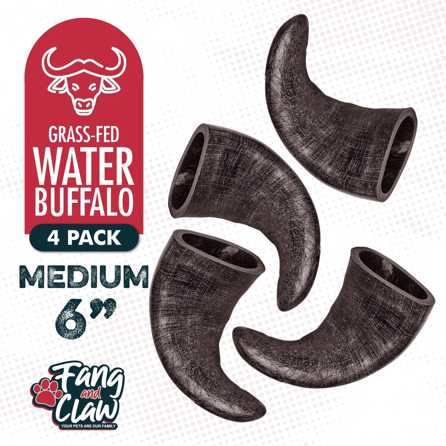 Fang and Claw Water Buffalo Horn Dog Chew 4 Pack (Medium 6 Inch), Long-Lasting Natural Chews for Aggressive Chewers, Single-Ingredient, No Rawhide