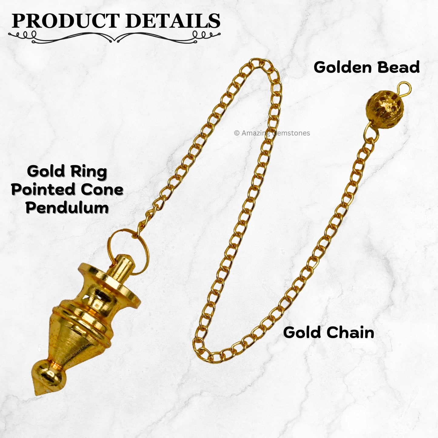 Amazing Gemstone Healing Metal Pendulums for Divination, Gold Ring Pointed Cone Steel Copper Pendulum High Energy Pendulo de Bronce Pendulos de Mesa MP11