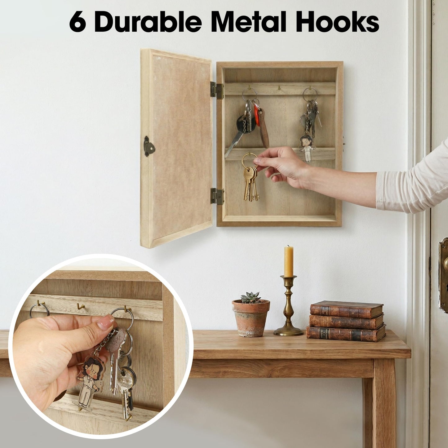 Hidden Key Holder for Wall - Wooden Key Box Wall Mount Decorative Cabinet with 6 Hooks, Rustic Beige Wood Keychain Organizer, Access Card Hangers Rack Storage for Home Entryway Hallway Office Decor