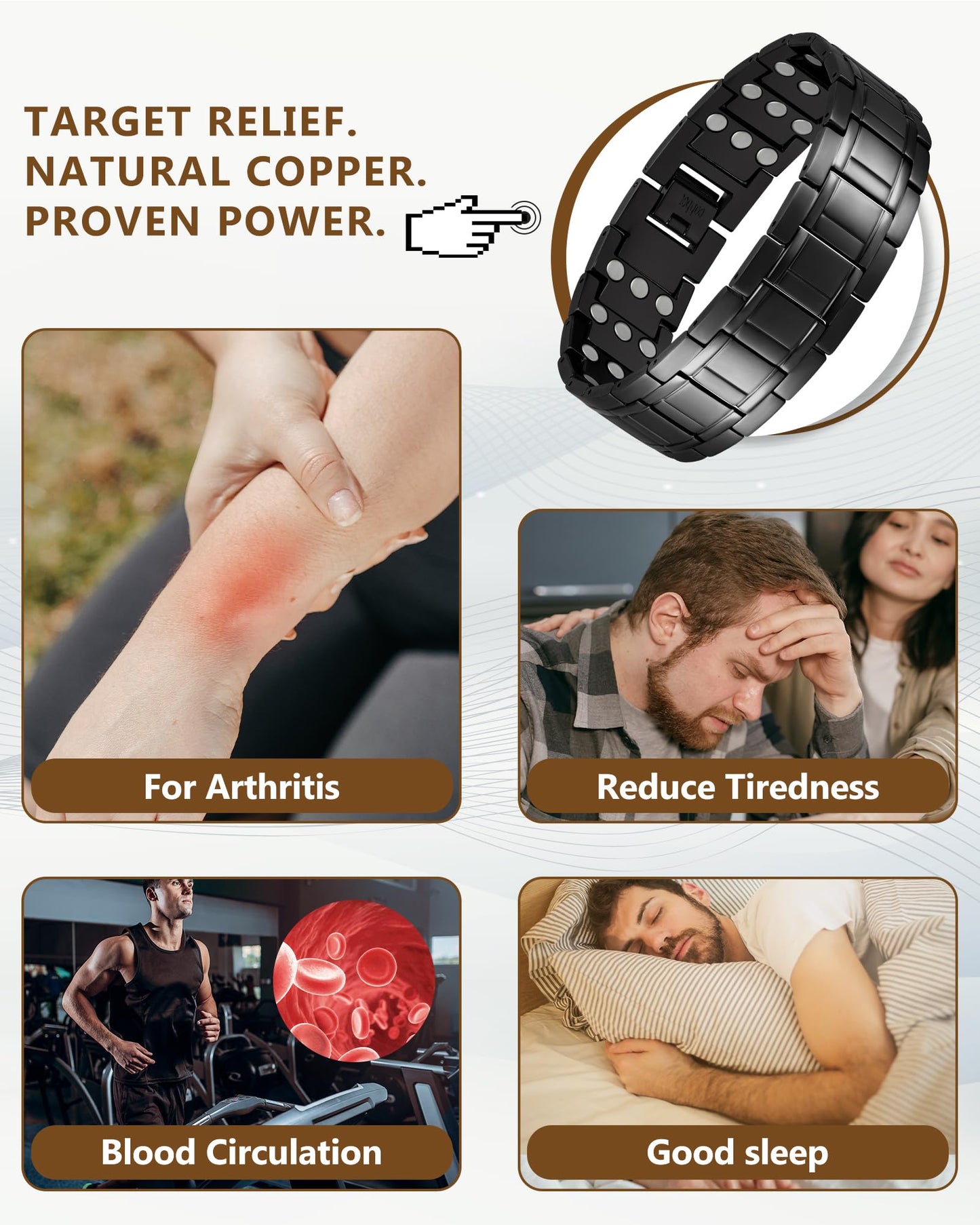 Feraco 3X Strength Copper Magnetic Bracelet for Men - 99.99% Pure Copper with 3800 Gauss Magnets(Black)