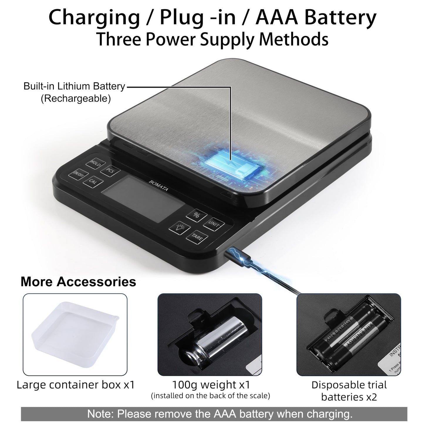 BOMATA Large Kitchen Scale with 0.1g/0.001oz High Precision, 5kg/11lb Bakery Scale with% Percentage Function, USB Rechargeable, Full-View Angle LCD with Backlight, Stainless Steel Pan