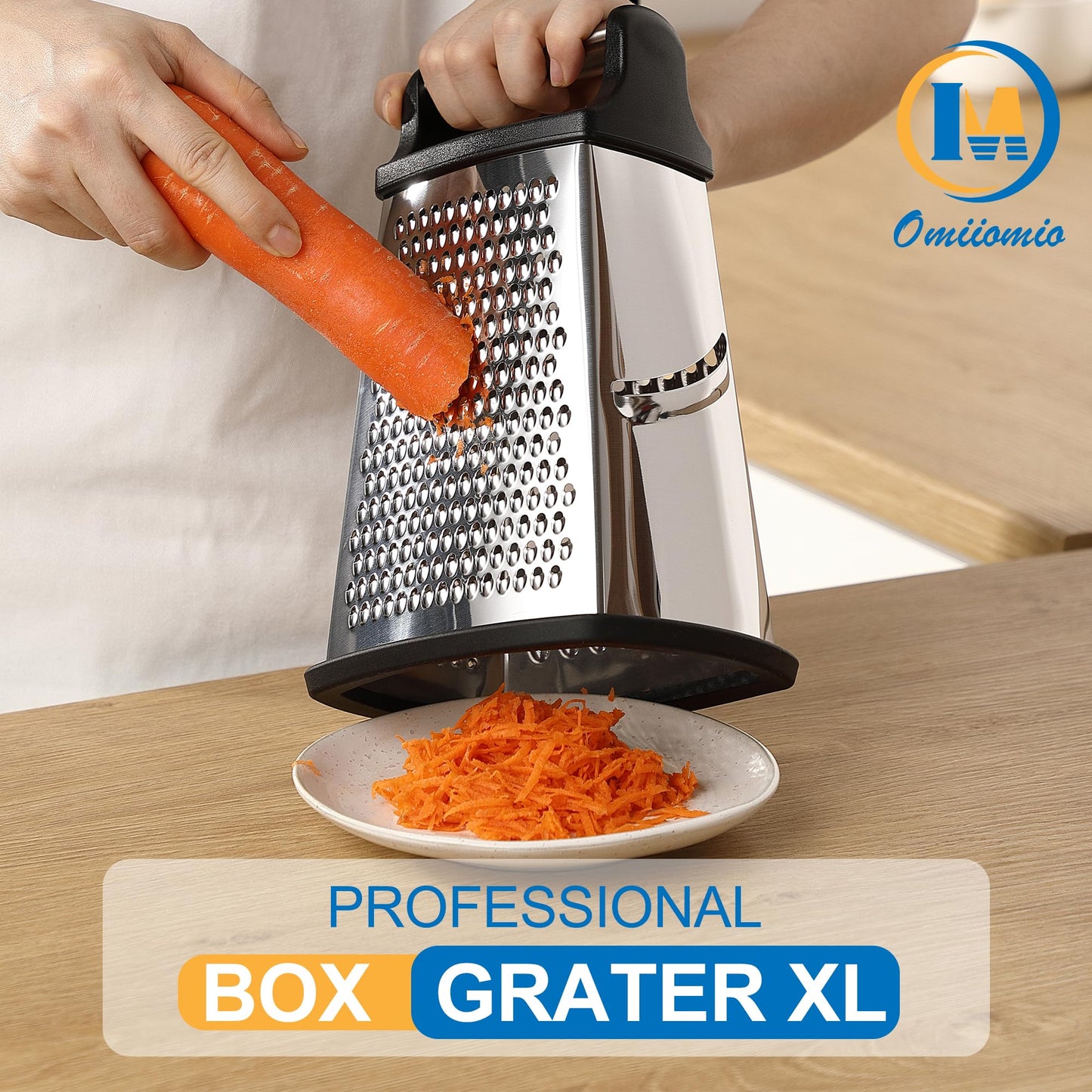 OIM Omiiomio Professional Cheese Grater - Stainless Steel, XL Size, 4 Sides - Perfect Box Grater for Parmesan Cheese, Vegetables, Ginger - Dishwasher Safe - Black
