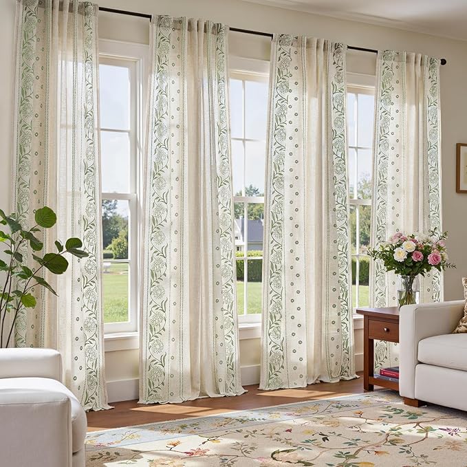 jinchan Winslow 4 Panel Curtains Set 96 Inch Length Embroidered Bordered Floral Curtains for Living Room Farmhouse Decor Light Filtering Window Treatments Sage on Beige Drapes 4 Panels
