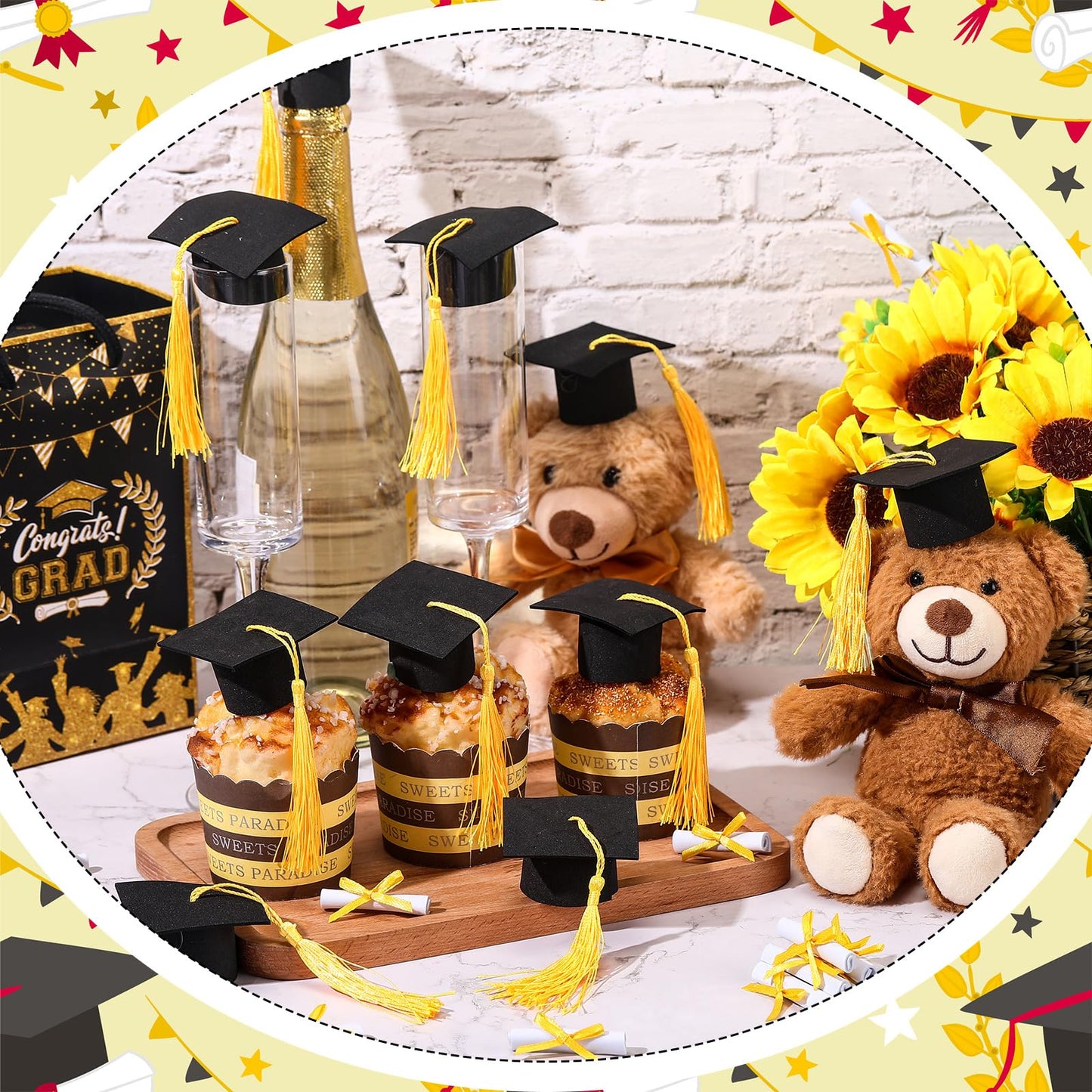 Funtery 36 Pcs Mini Graduation Hats Cupcake Toppers Graduation Scroll Decorations Black Grad Caps with Yellow Tassels Cupcake Toppers Bottle Decor for Graduate Party Supplies