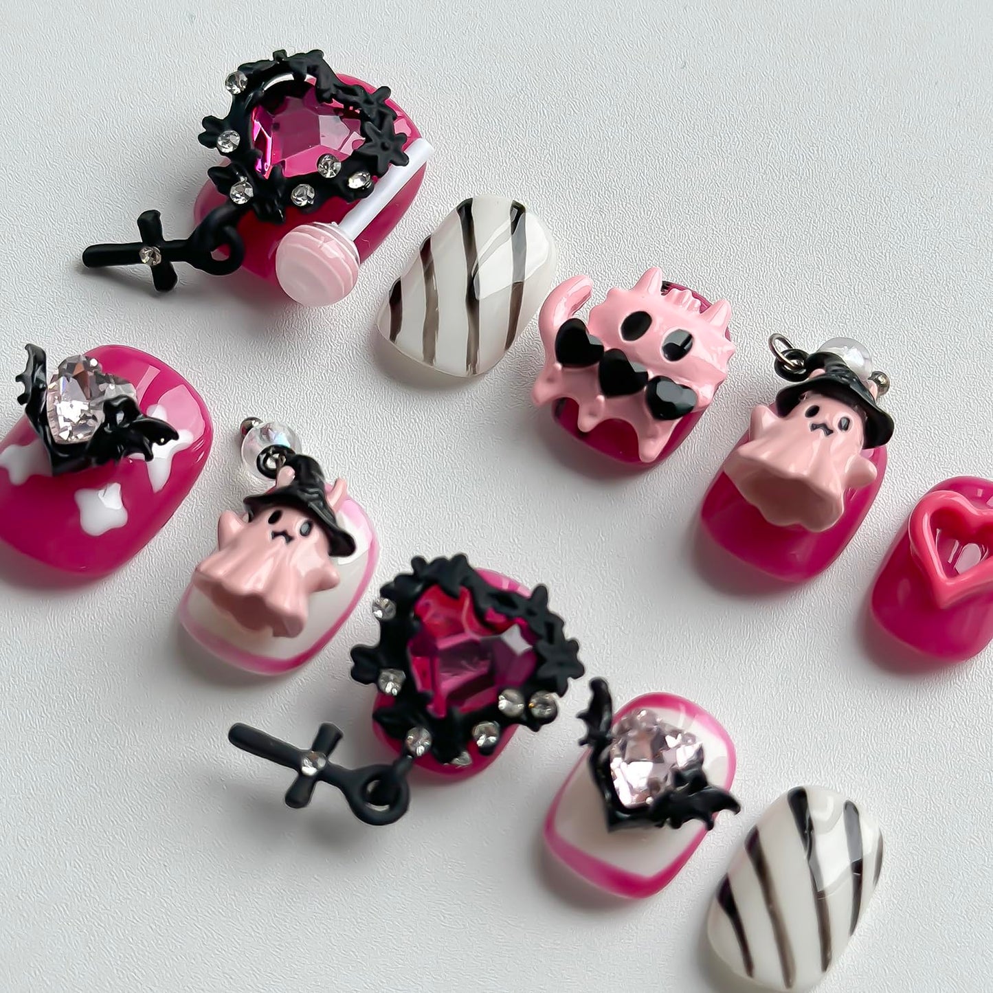 Halloween Press on Nails Short Square Cute Handmade Nails 3D Unique Reusable ABS Material Fake Nails Pink False Nails with Designs Cute Ghost Heart Charms Glossy Glue on Nail Thick Acrylic Nail(M)