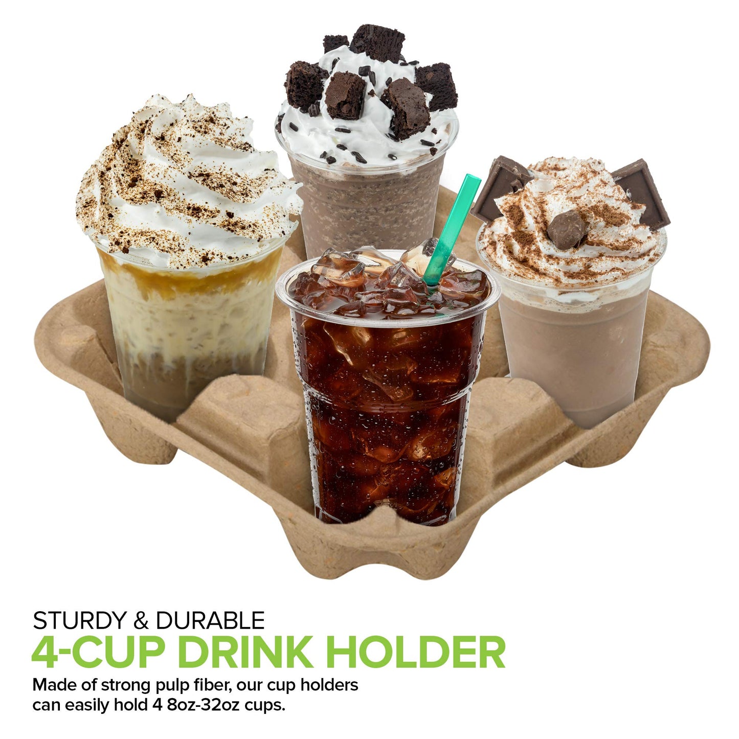 4 Cup Disposable Coffee Tray (75 Count), Commercially Compostable Cup Holder, Durable Drink Carrier for Hot or Cold Drinks, to Go Coffee Cup Holder for Food Delivery Service
