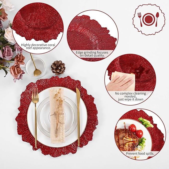 Pesonlook 24Pcs Red Charger Plates Round 13inch, Reef Plate Chargers for Dinner, Bulk Plastic Floral Table Charger Plates for Dinner Wedding Party Event Table Setting Decoration(Red)