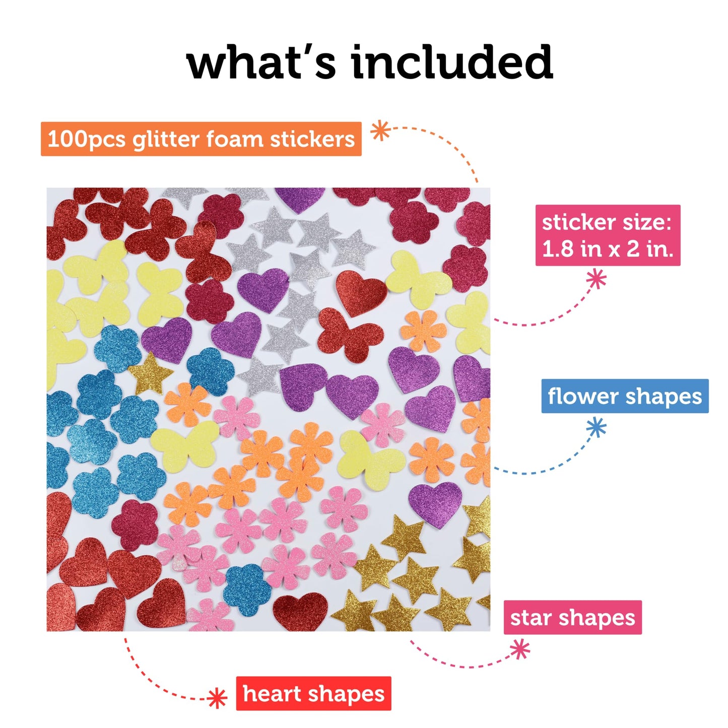 Incraftables Glitter Self Adhesive Foam Stickers for Kids, 100pcs Heart, Star, Butterfly, Flower Shapes, Multicolor, Felt Material, Modern Style, Indoor Use, Stickers for Kids & Adults