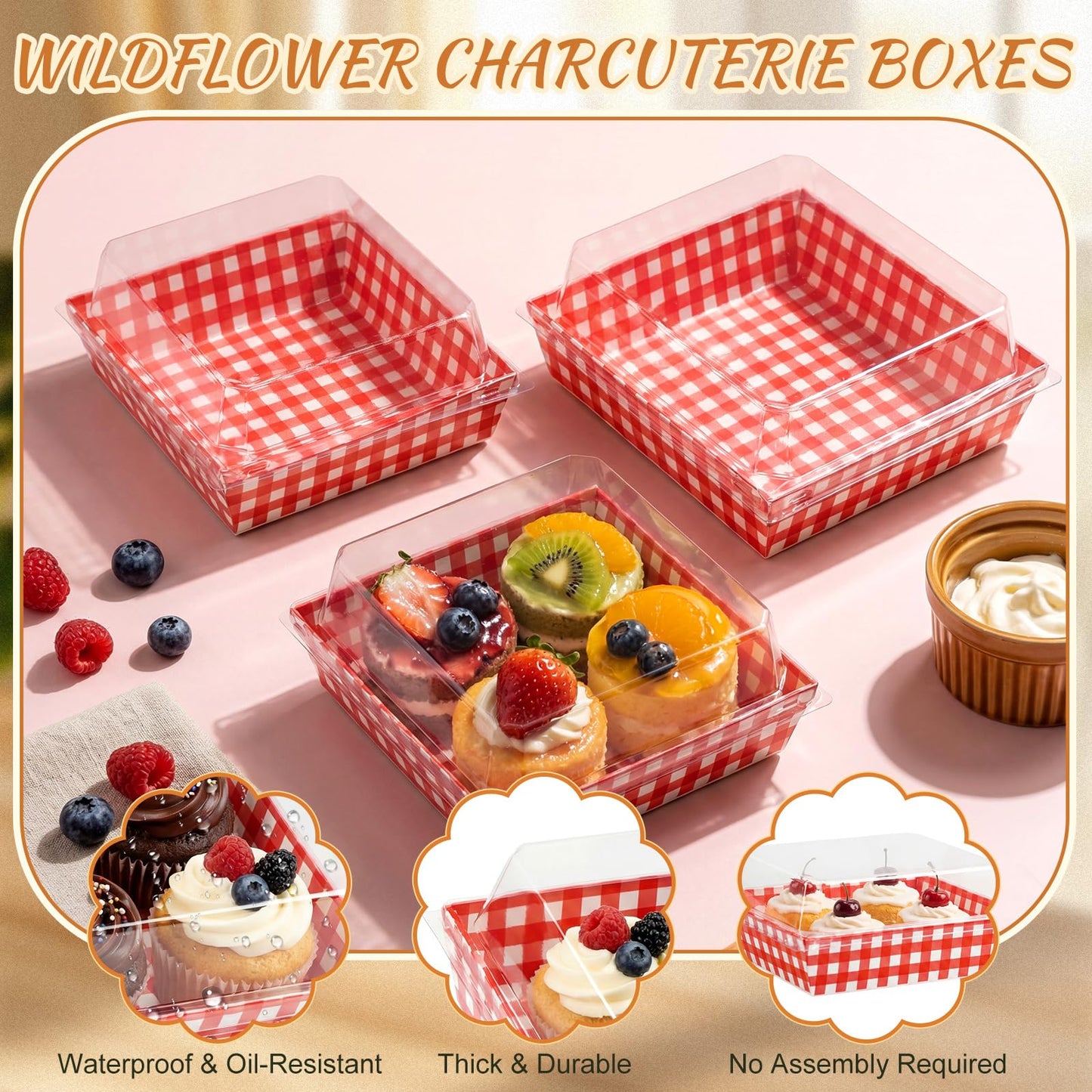 Potchen 50 Pack Red and White Checkered Charcuterie Boxes with Clear Lids, Red & White Buffalo Plaid Gift Boxes with Window for Pizza Party Decorations Wedding Bridal Baby Shower Picnic Buffet