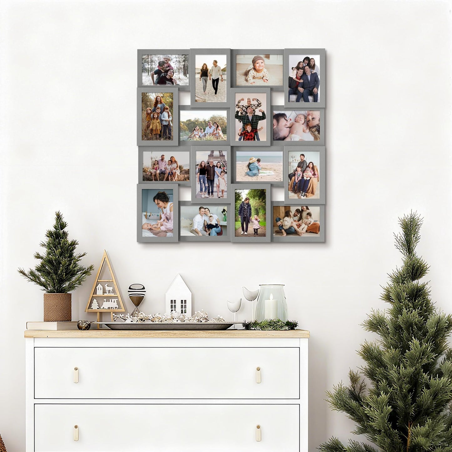 J.M.Deco Collage Picture Frames for Wall 16 Opening, Large Photo Frame Collage Wall Hanging for 4x6 Photo, Reunion Friends Family Memory, Christmas Gift - Grey