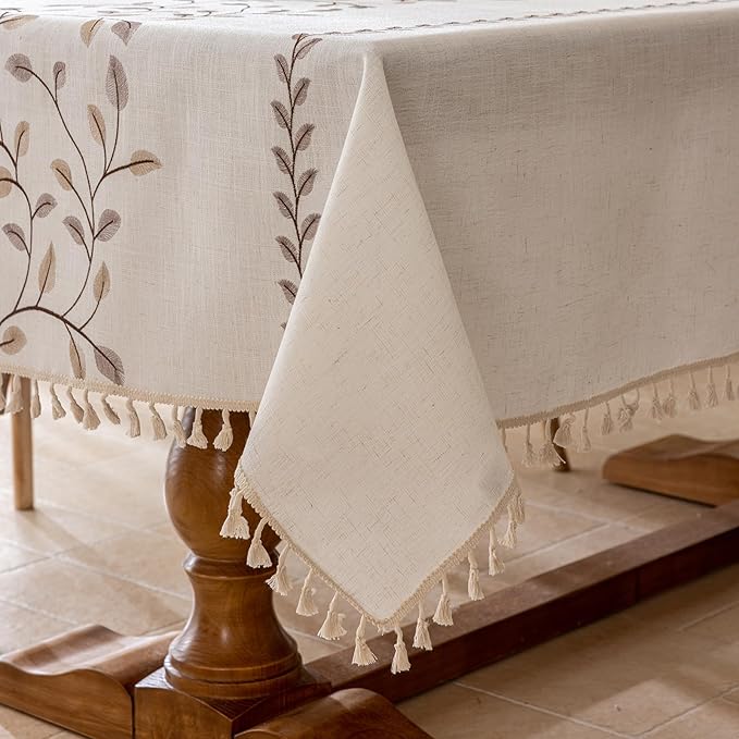 Joyfol Day Rectangle Linen Tablecloth, Heavy Duty Waterproof Tablecloths, Farmhouse Embroidery Leaves Table Cloth with Tassels, Soft Wrinkle Free Table Cover, Coffee Vines, 55''x 70''