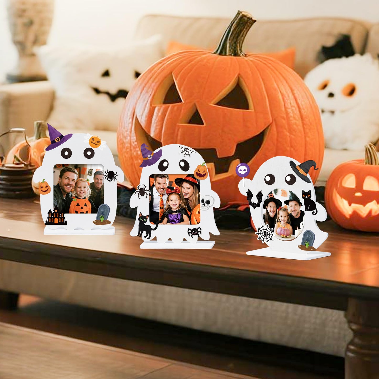 TICIAGA Halloween Ghost Photo Frame Craft - 16 Set Unfinished Halloween Wood Picture Frame Craft Kit with Sticker for Kids Classroom Activities, DIY Trick or Treat Spooky Ghosts Table Decor for Home