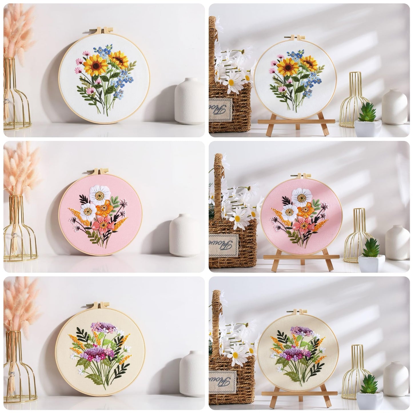 Offizon 3 PCS Embroidery Kit for Beginners - Cross Stitch DIY Craft Set, Flower Embroidery Accessories & Hoop Included, Hand Embroidery Kit for Adults Stitching Sewing Kit Gift | FlowerB Patterns