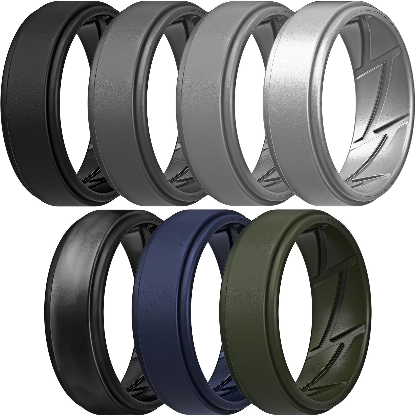 ThunderFit Silicone Wedding Rings for Men Breathable Airflow Inner Grooves, Step Edge Sleek Design Rubber Engagement Bands 8mm Wide 2mm Thick, Variety Multipack 1-7