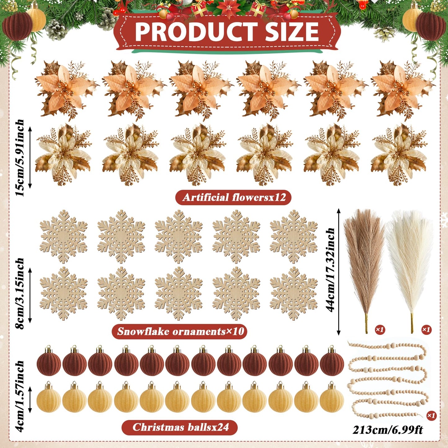 63Pcs Boho Christmas Tree Decoration Set Neutral Boho Christmas Tree Ornaments Wooden Bead Bow Xmas Balls Artificial Flowers and Grass DIY Decor Craft for Holiday Wedding Party Supplies Gifts