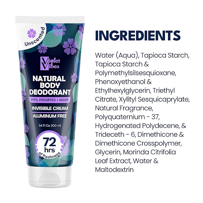 Violet Vibes Deodorant Cream for Women | Hypoallergenic & Gentle On Skin | Noni Leaf Extract, Aluminum-Free, Sensitive Skin, Fresh Odor Control for Whole Body 100mL (3.4 fl oz.) (Unscented)
