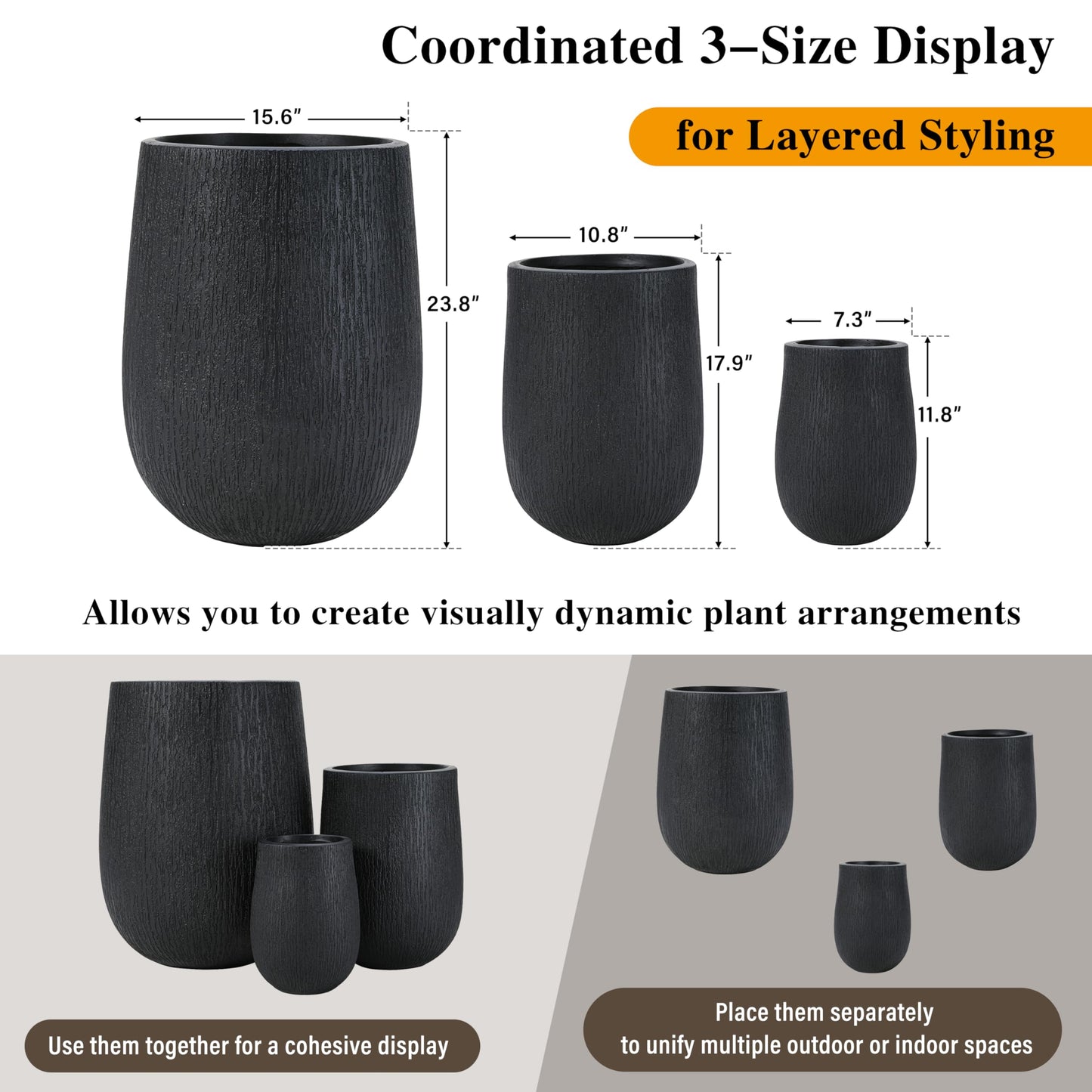 GDFStudio Lightweight MgO Egg-Shaped Planter Set of 3 Large Indoor Outdoor Plant Pots with Drainage Hole & Rubber Plug, Stone Texture Round Flower Pots for Patio Balcony Garden Lawn Poolside, Black