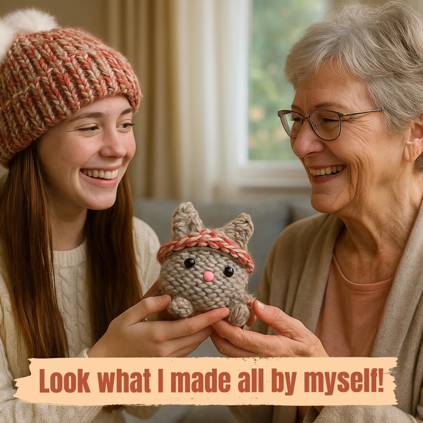 CRAFTILOO Knitting Kit for Kids – Beginner Knitting Kit to Make a Hat & Cat – Quick Knit Loom Kit with Yarn, Tools & Instructions
