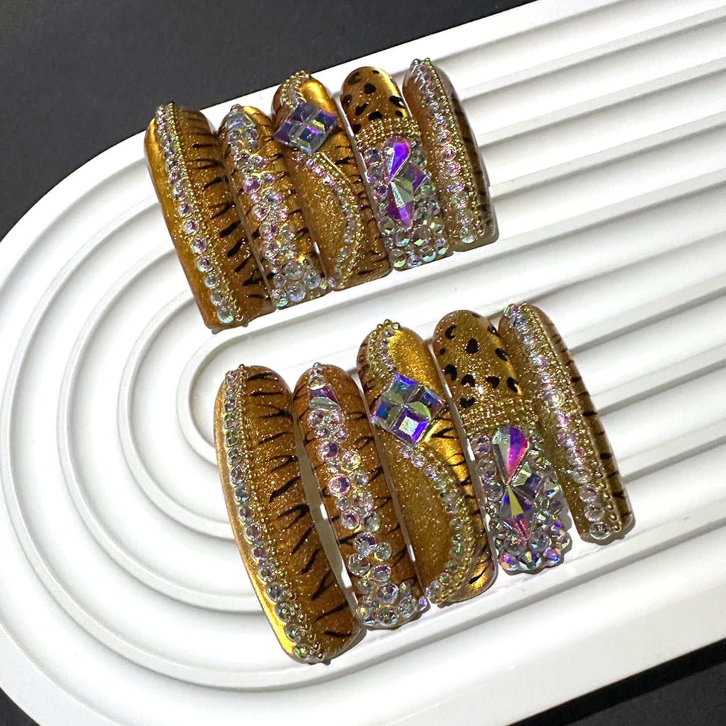 Handmade Curved Press On Nails Long Square Fake Nails Leopard Cat Eye Full Cover False Nails with 3D Rhinestones Designs Sparkly Acrylic Nails Press ons Luxury Long Nail for Women Manicure (Size M)