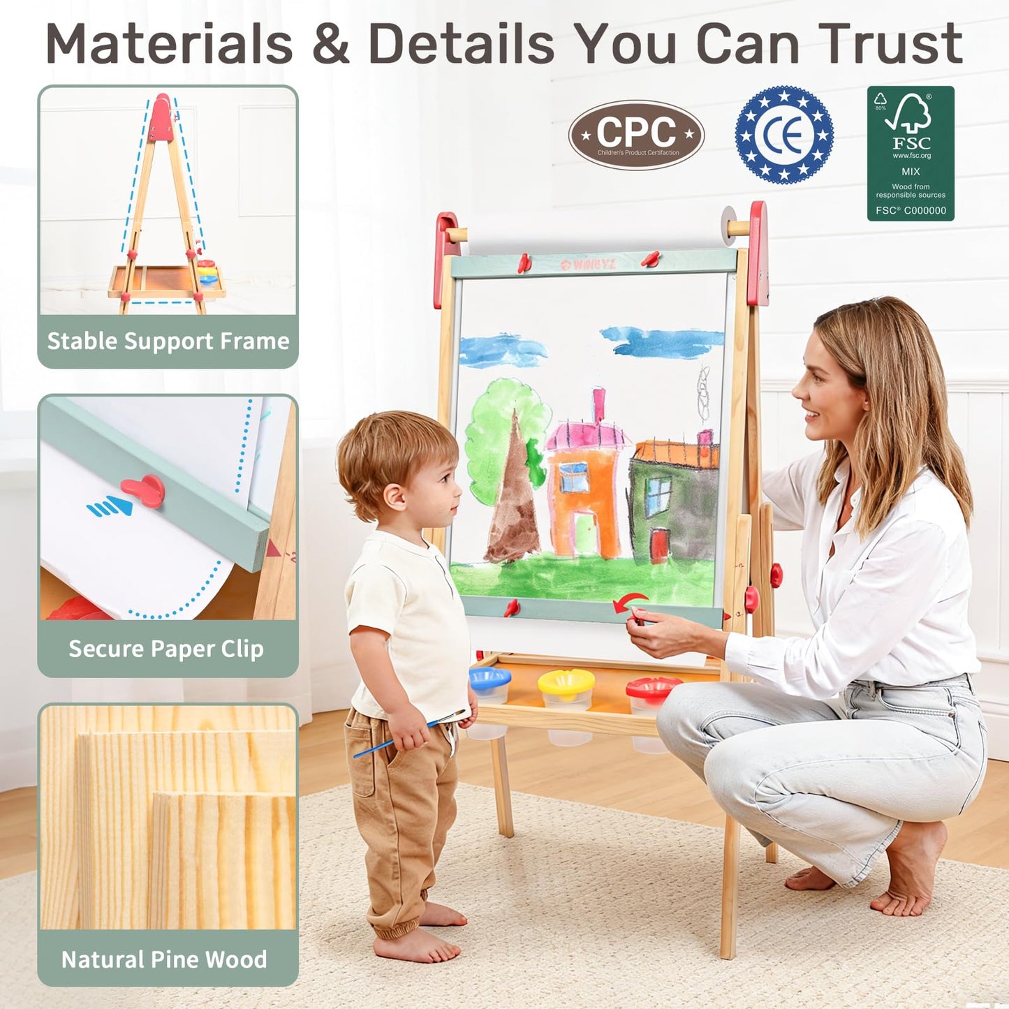 WINGYZ 3-in-1 Art Easel for Kids – Sturdy Pine Wood Easel with Magnetic Whiteboard, Chalkboard & 400" Paper Roll, Foldable Adjustable Heights for Ages 2-12, Complete Tool-Free Art Station